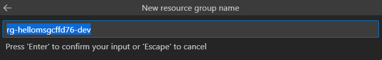 Captura de pantalla que muestra el nombre predeterminado del nuevo grupo de recursos de Azure.