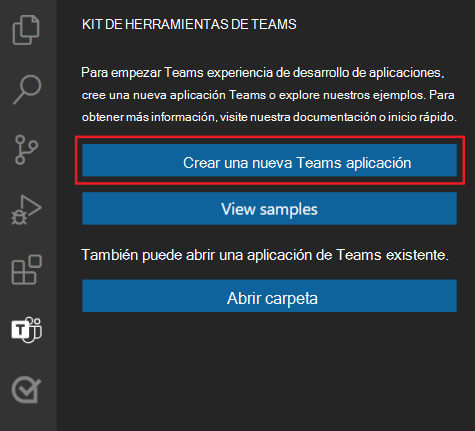 Capturas de pantalla que muestran la ubicación del vínculo Create Nuevo proyecto en la barra lateral del kit de herramientas de Teams.