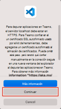 Captura de pantalla que muestra el mensaje para instalar un certificado SSL para permitir que Teams cargue la aplicación desde localhost en Mac.