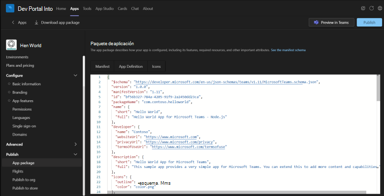 Captura de pantalla de la imagen que muestra el archivo de manifiesto de la aplicación en el Portal para desarrolladores.