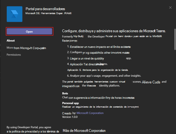 Captura de pantalla de la imagen que muestra la aplicación Del Portal para desarrolladores abierta.