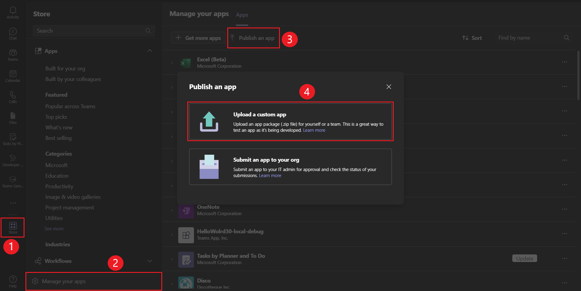 Captura de pantalla que muestra la opción para cargar una aplicación personalizada en Teams.