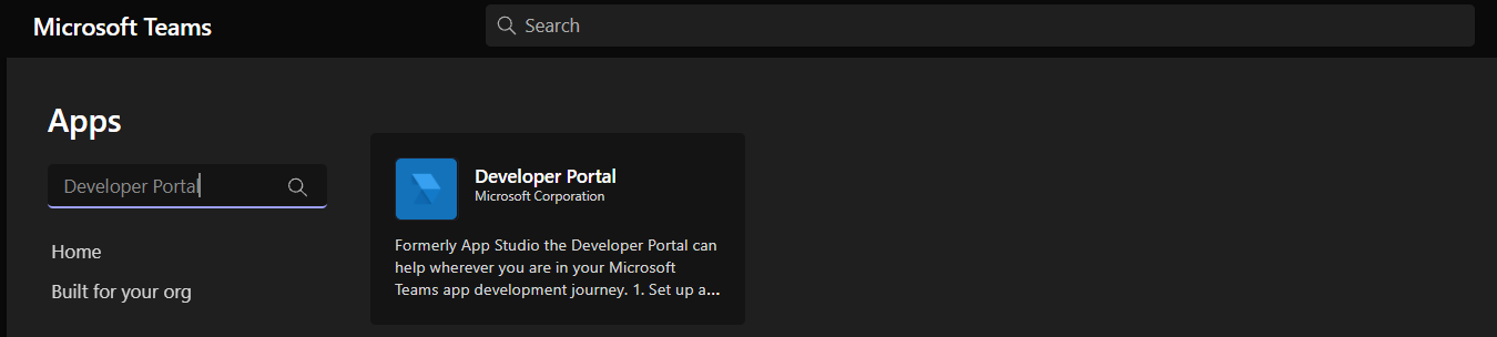 Captura de pantalla de la aplicación Del Portal para desarrolladores seleccionada.