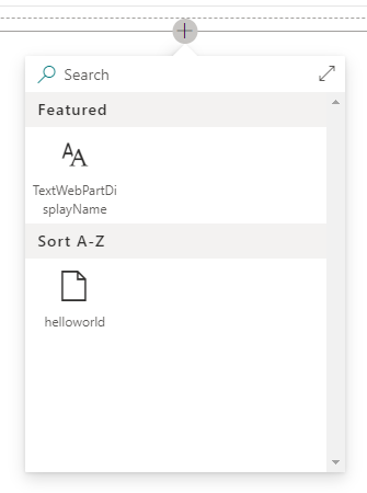 Captura de pantalla que muestra el área de trabajo de SPFx que se ejecuta con el elemento emergente para agregar una selección de elementos web.