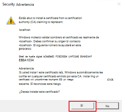 Captura de pantalla que muestra la advertencia de seguridad con la opción Sí.