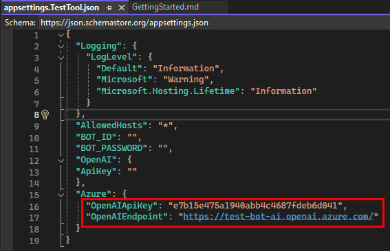 Captura de pantalla que muestra la clave y el punto de conexión de OpenAI actualizados para Azure.