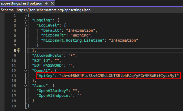 Captura de pantalla que muestra la clave de OpenAI actualizada.