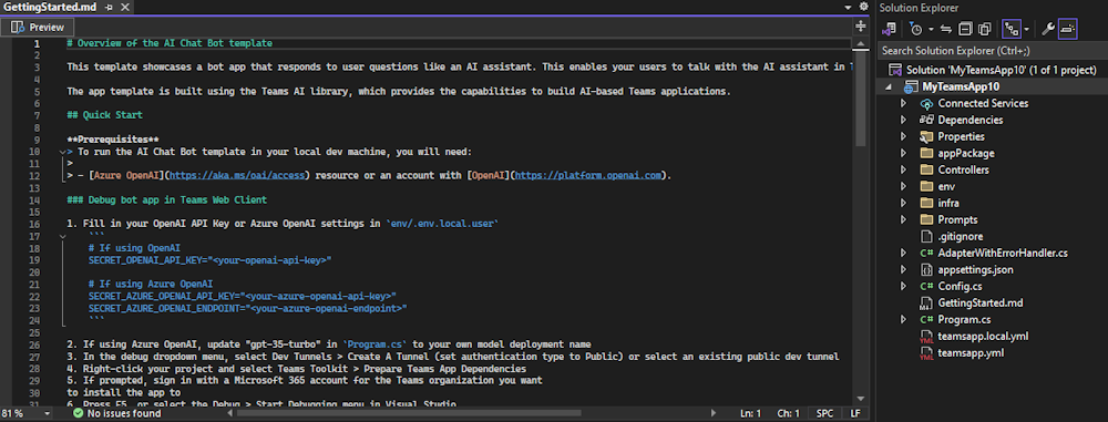 Captura de pantalla que muestra la página de introducción de la aplicación en Visual Studio.