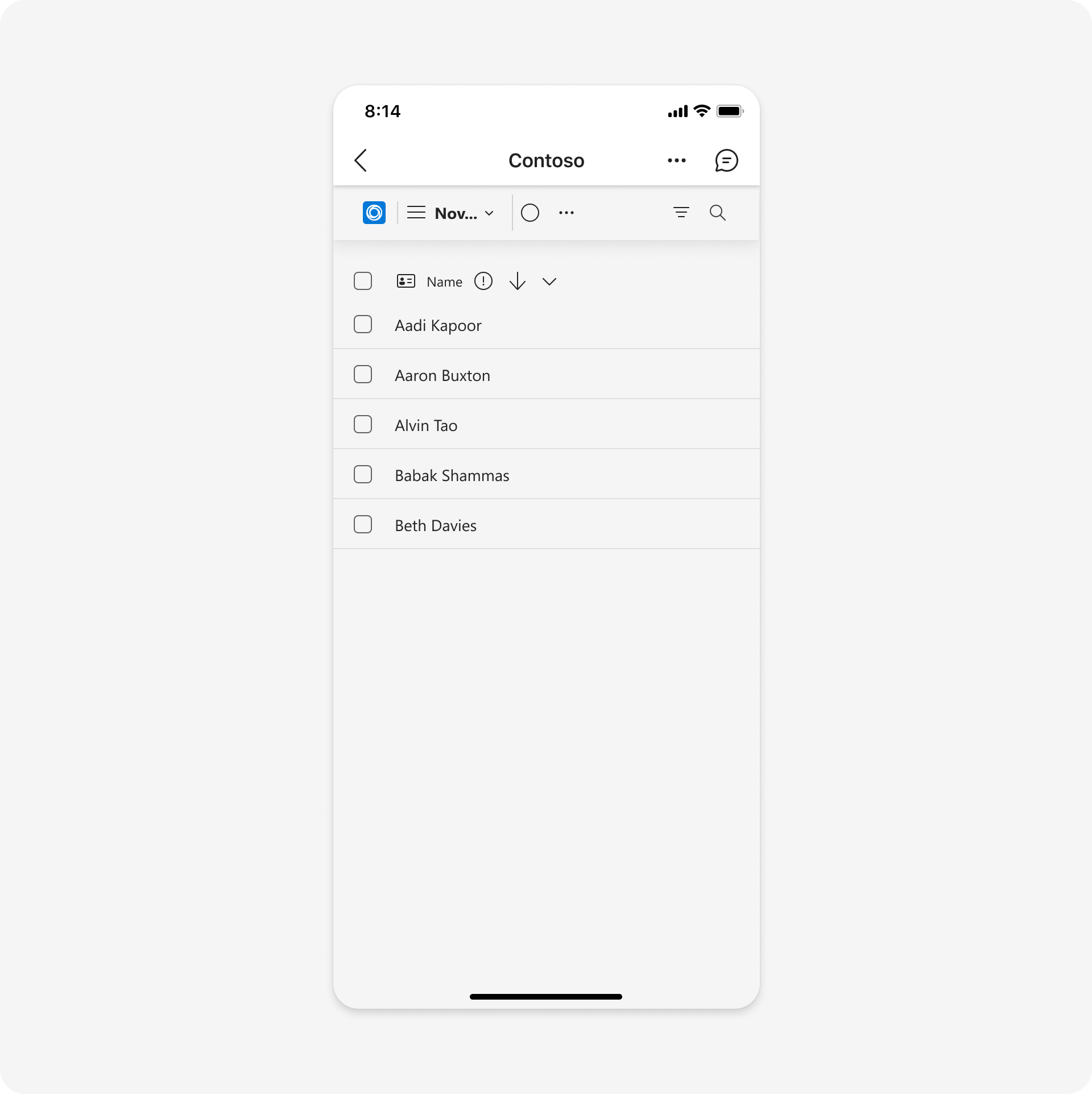 En el ejemplo se muestra una plantilla de interfaz de usuario de lista en dispositivos móviles.