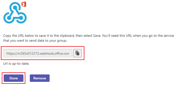Captura de pantalla que muestra la dirección URL de webhook única.