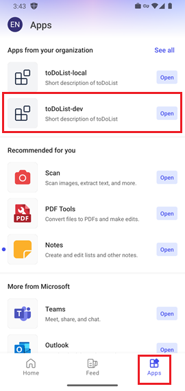 Captura de pantalla que muestra la opción Aplicaciones en la barra lateral de la aplicación de Microsoft 365 para ver las pestañas personales instaladas en la aplicación Microsoft 365 para Android.