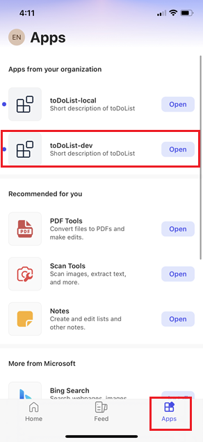 Captura de pantalla que muestra la opción Aplicaciones en la barra lateral de la aplicación de Microsoft 365 para ver las pestañas personales instaladas en Microsoft 365 para iOS.
