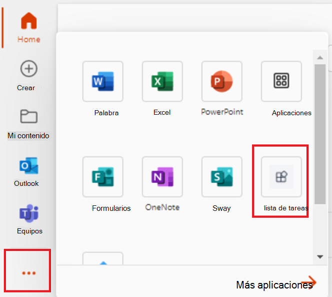 Captura de pantalla que muestra la opción Aplicaciones en la barra lateral del cliente de escritorio de Microsoft 365 para ver la aplicación de pestaña instalada.