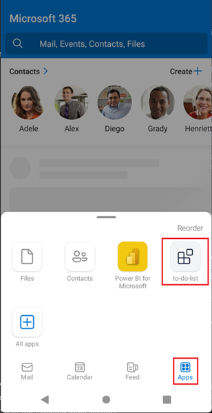 Captura de pantalla que muestra la opción Aplicaciones de la aplicación de Outlook en Android.