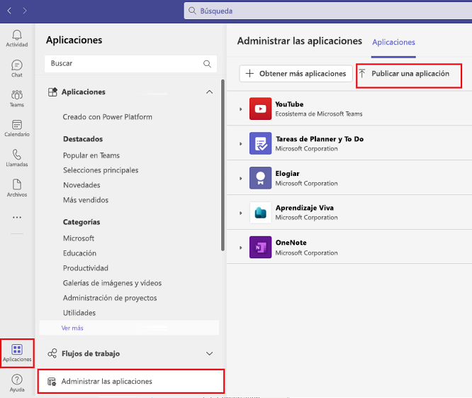 Captura de pantalla que muestra la opción Cargar una aplicación en Administrar aplicaciones.