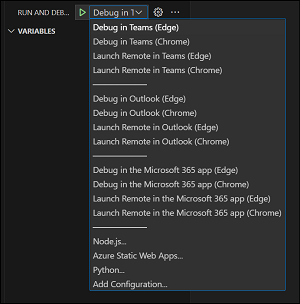 Captura de pantalla que muestra el menú desplegable de depuración en Teams Toolkit.