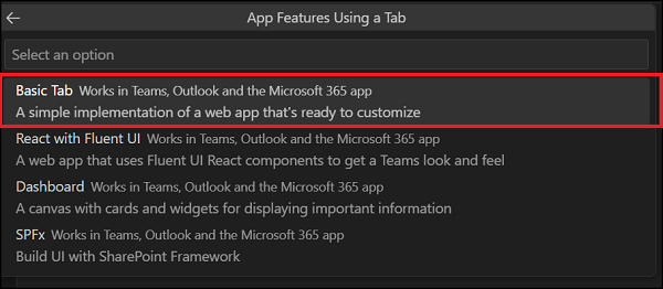 Captura de pantalla que muestra la opción Pestaña básica resaltada para crear una nueva característica de aplicación mediante una pestaña.
