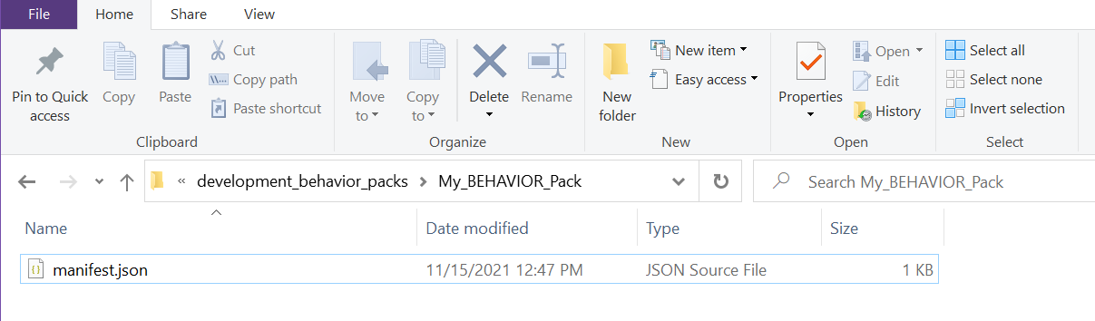 Imagen del archivo manifest.json ubicado dentro de la carpeta My_BEHAVIOR_Pack