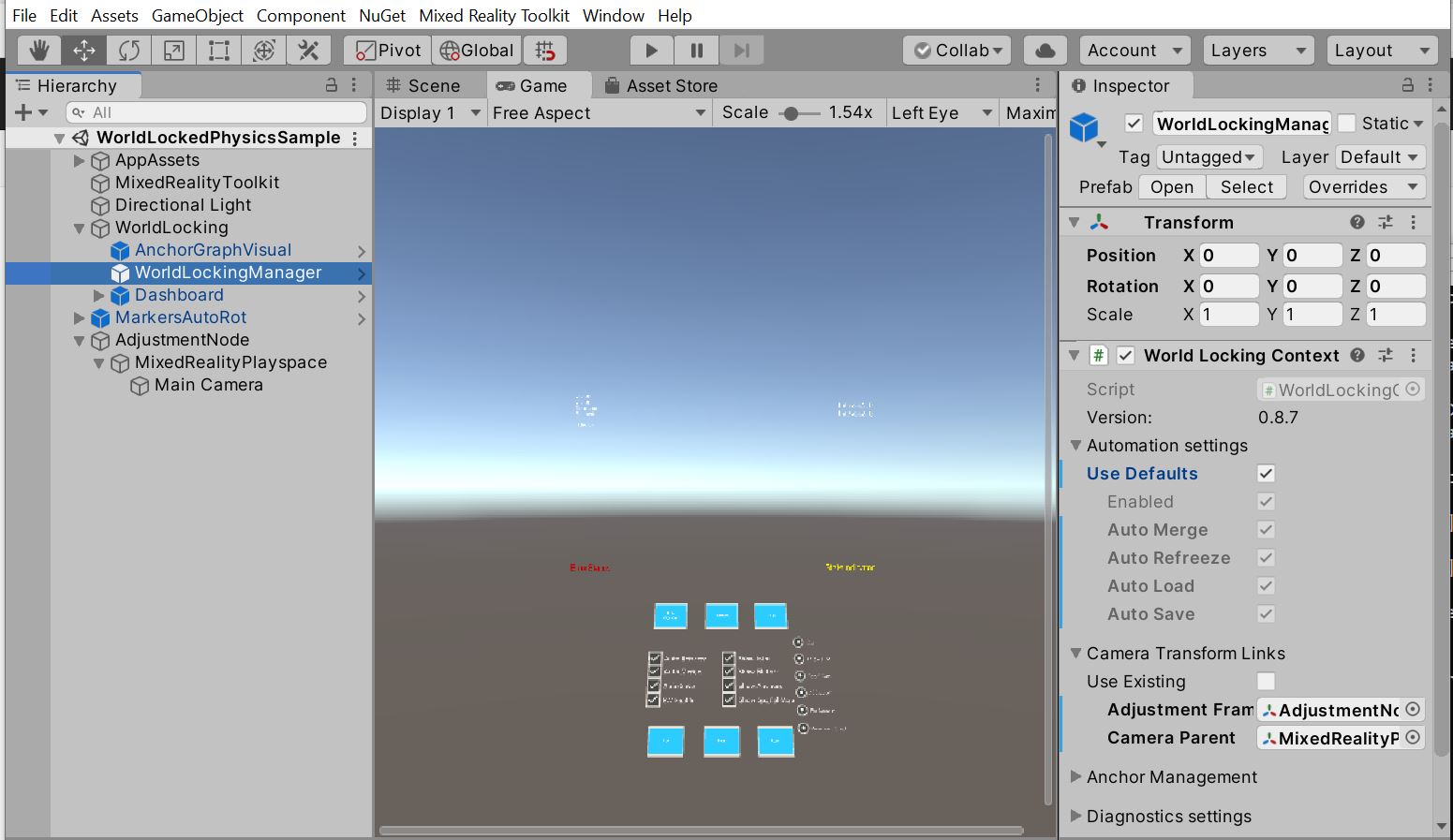 Captura de pantalla de Unity con la configuración de WLT más básica