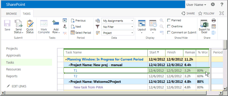 Comprobación de las tareas actualizadas en Project Web App