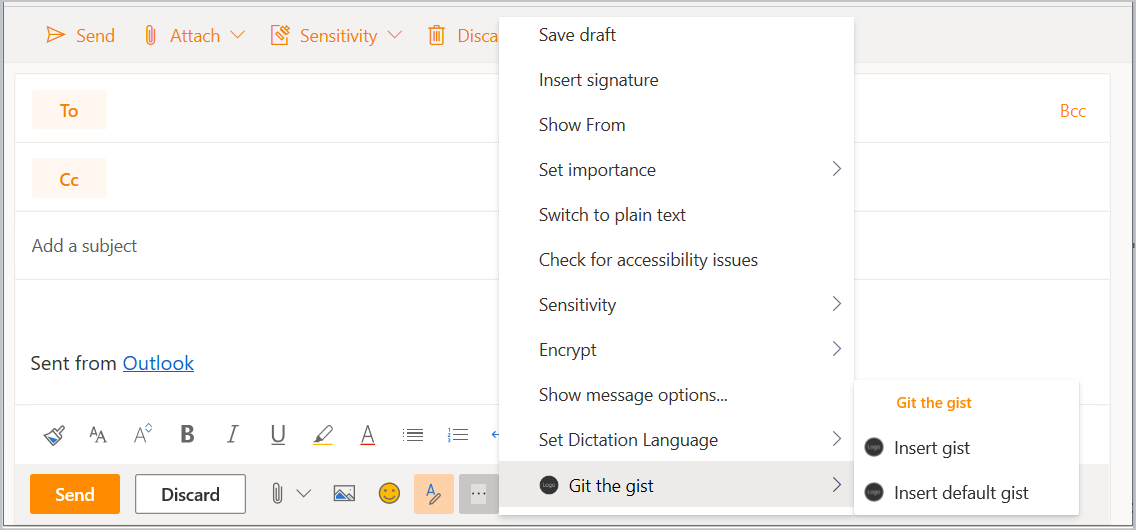 Formulario de redacción de mensajes en Outlook en la Web con el botón de complemento y el menú emergente resaltados.