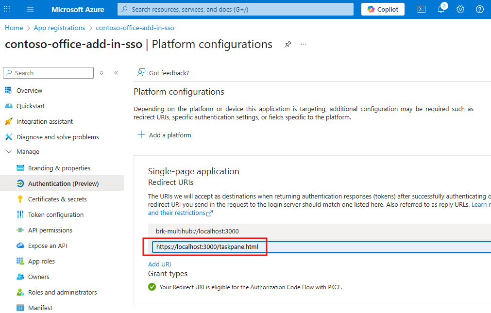 Agregar el URI de redireccionamiento del panel de tareas en la página de registro de Azure aplicación.
