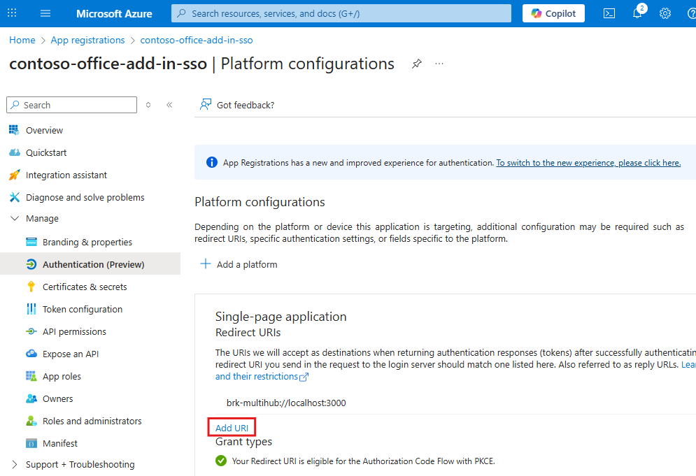 Seleccione la opción agregar URI en la página de registro de la aplicación Azure.