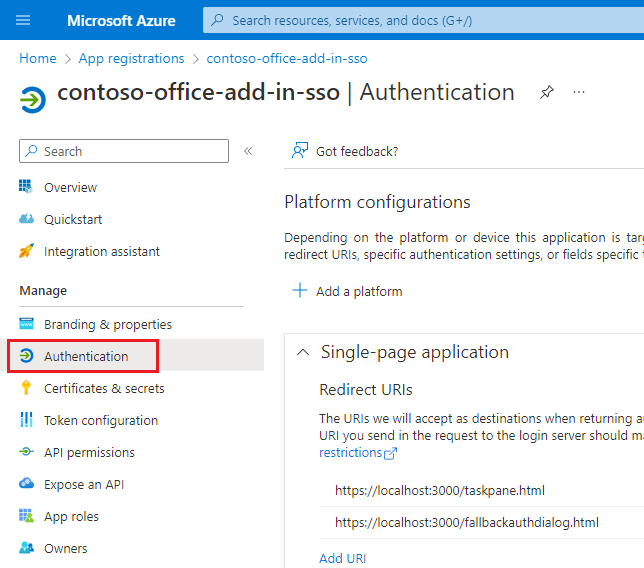 Página de autenticación del registro de la aplicación Azure.