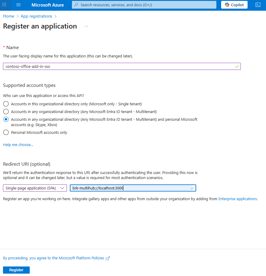 Registre un panel de aplicación con el nombre y la cuenta admitida completadas.