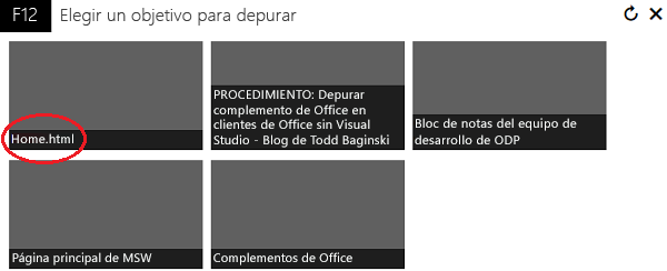 Pantalla IEChooser, con varios procesos de Internet Explorer y Trident enumerados. Uno se denomina Home.html.