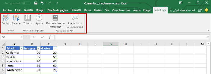 Comandos de complemento en Excel
