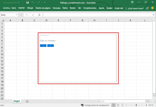 Cuadro de diálogo del complemento en Excel