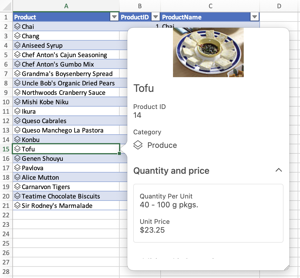 Captura de pantalla que muestra un tipo de datos de valor de entidad con la ventana de tarjeta mostrada.