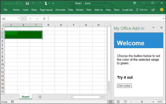 El panel de tareas del complemento se abre en Excel.