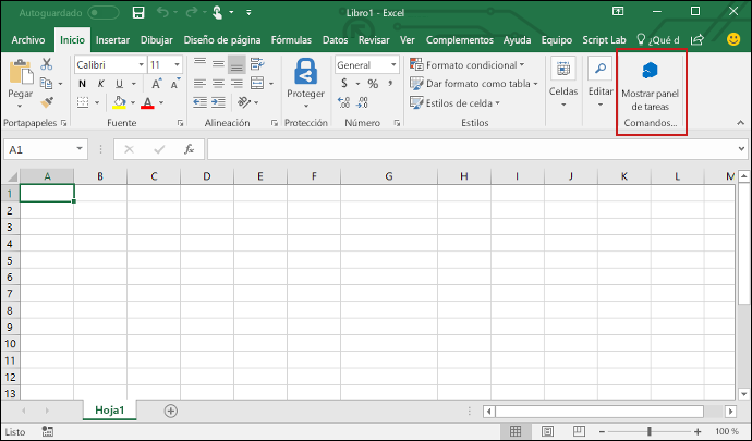 Menú de Inicio de Excel con el botón Mostrar panel de tareas resaltado.