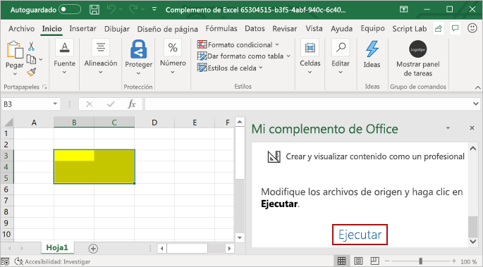 El panel de tareas del complemento abierto en Excel y el botón Ejecutar resaltado en el panel de tareas del complemento.