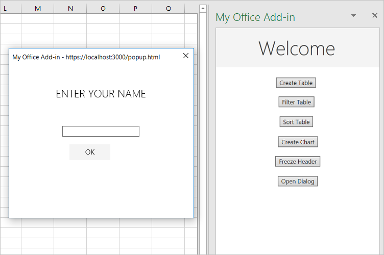 Captura de pantalla de Excel con el botón Abrir cuadro de diálogo visible en el panel de tareas de complementos y un cuadro de diálogo que se muestra sobre la hoja de cálculo.