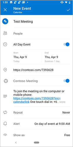 La pantalla crear reunión en Android con el botón de alternancia Contoso activado.