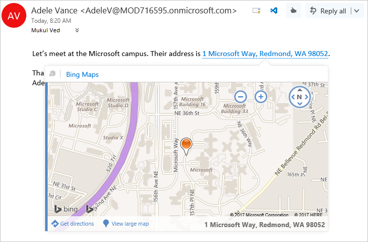 Muestra una entidad de dirección resaltada y el complemento de Mapas de Bing activado.