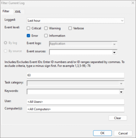 Ejemplo de la configuración del registro actual de filtro de Visor de eventos configurada para mostrar solo los errores de Outlook con el identificador de evento 63 que se produjeron en la última hora.