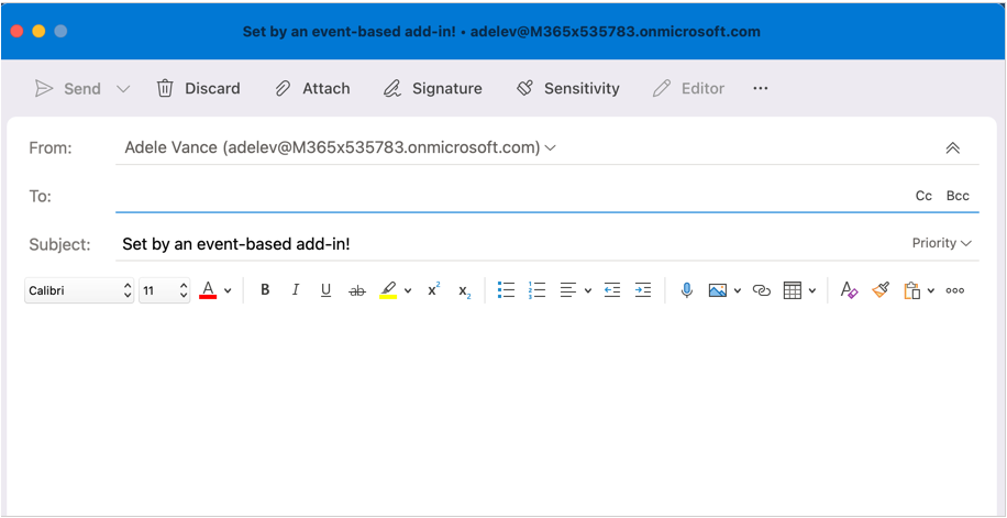 Ventana de mensaje en Outlook en la nueva interfaz de usuario de Mac con el asunto establecido en compose.