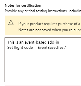 Una solicitud de ejemplo de código piloto en la pantalla Notas para la certificación durante el proceso de publicación.