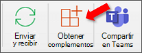 El botón Obtener complementos está seleccionado en Outlook en Mac.