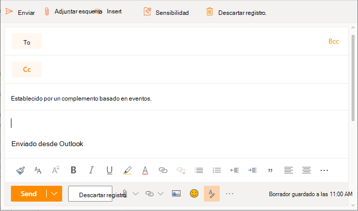 Una ventana de mensaje en Outlook en la Web con el asunto establecido en compose.