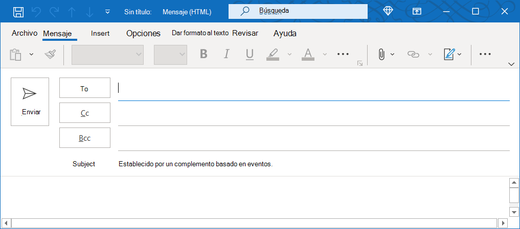 Una ventana de mensaje en Outlook en Windows con el asunto establecido en compose.