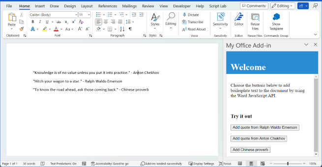 La aplicación Word con el complemento reutilizable cargado.