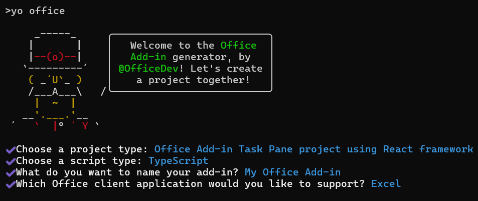 Interfaz de línea de comandos del generador de complementos de Office de Yeoman, con el tipo de proyecto establecido en el marco de React.