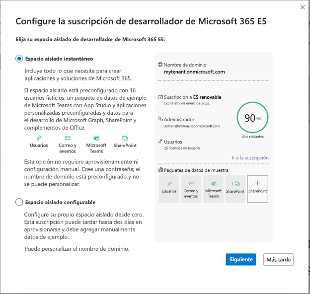 Captura de pantalla del cuadro de diálogo Configurar la suscripción de desarrollador de Microsoft 365 E5