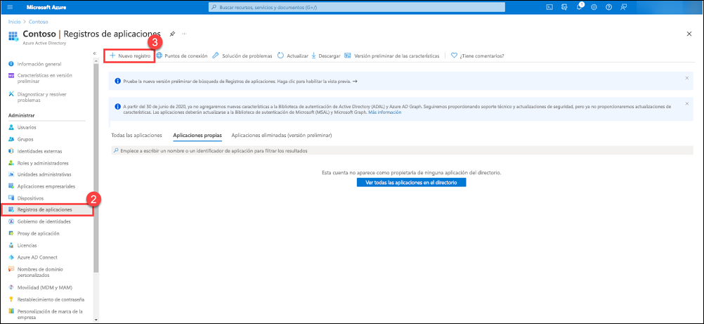 página Registros de aplicaciones en Microsoft Entra ID
