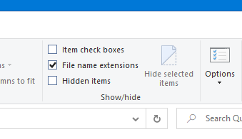 Captura de pantalla para activar la casilla Extensiones de nombre de archivo.